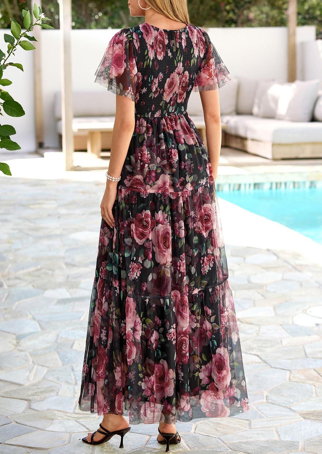 imagePRETTYGARDEN Tulle Floral Dress Women Summer Wedding Guest 2026 Spring Short Sleeve Maxi Smocked Flowy Beach Party DressesBlack Floral
