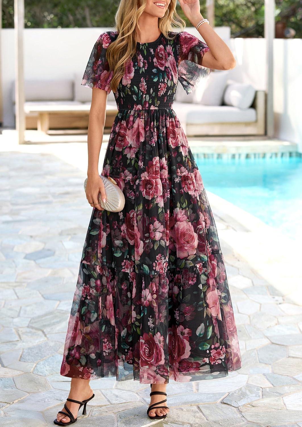 imagePRETTYGARDEN Tulle Floral Dress Women Summer Wedding Guest 2026 Spring Short Sleeve Maxi Smocked Flowy Beach Party DressesBlack Floral