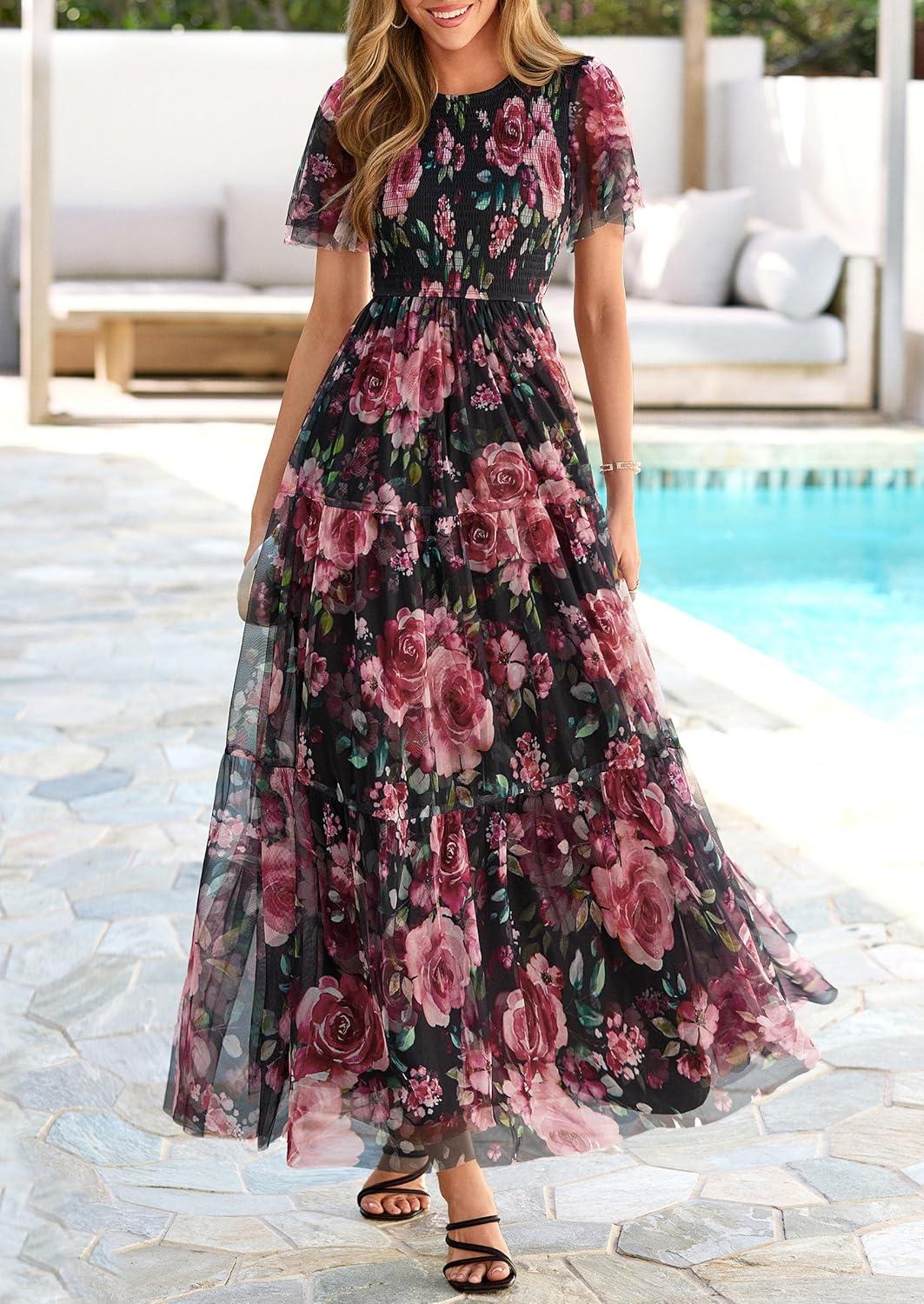 imagePRETTYGARDEN Tulle Floral Dress Women Summer Wedding Guest 2026 Spring Short Sleeve Maxi Smocked Flowy Beach Party DressesBlack Floral