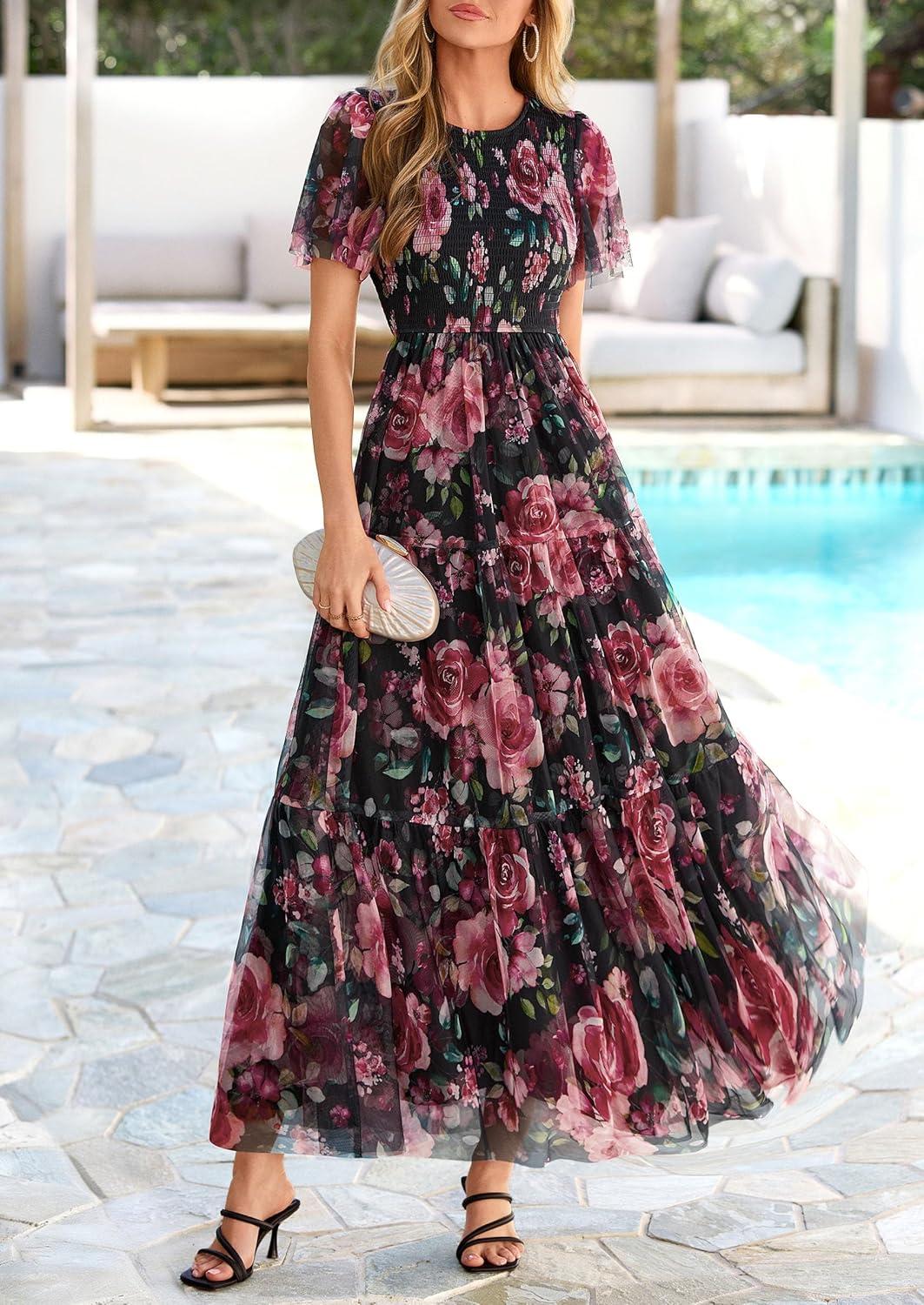 imagePRETTYGARDEN Tulle Floral Dress Women Summer Wedding Guest 2026 Spring Short Sleeve Maxi Smocked Flowy Beach Party DressesBlack Floral