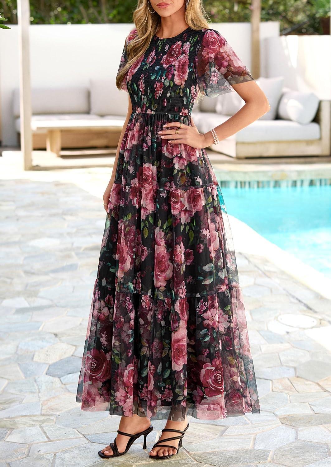 imagePRETTYGARDEN Tulle Floral Dress Women Summer Wedding Guest 2026 Spring Short Sleeve Maxi Smocked Flowy Beach Party DressesBlack Floral