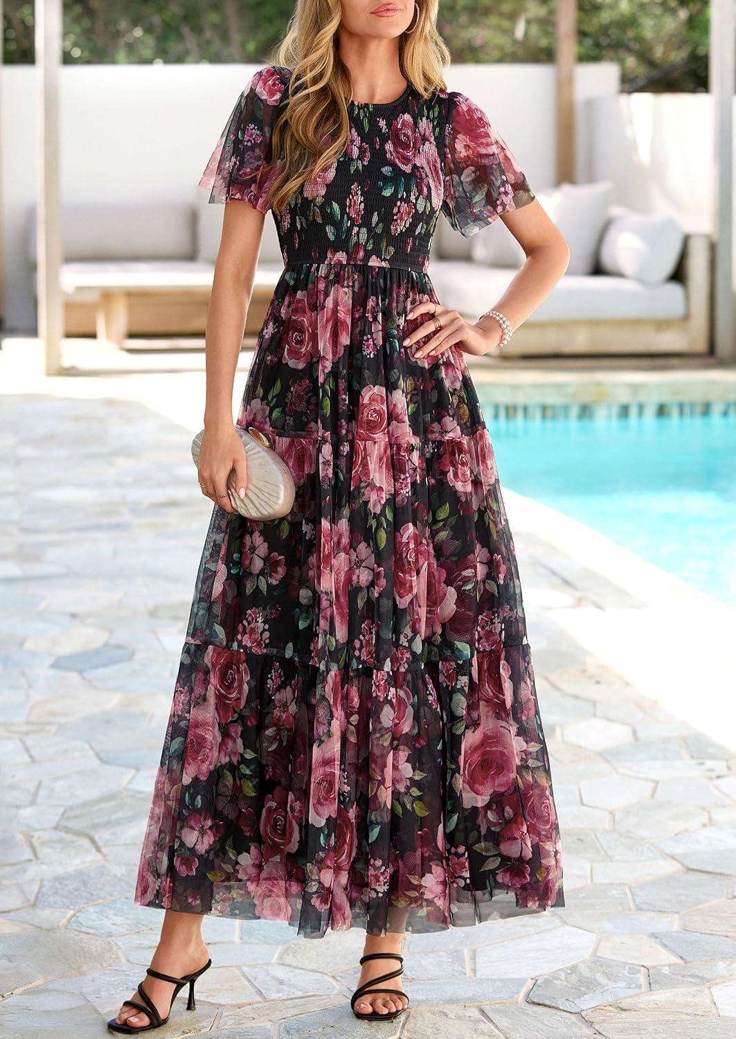 imagePRETTYGARDEN Tulle Floral Dress Women Summer Wedding Guest 2026 Spring Short Sleeve Maxi Smocked Flowy Beach Party DressesBlack Floral