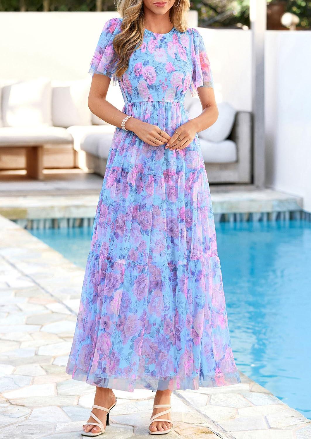 imagePRETTYGARDEN Tulle Floral Dress Women Summer Wedding Guest 2026 Spring Short Sleeve Maxi Smocked Flowy Beach Party DressesBlue Pink Floral