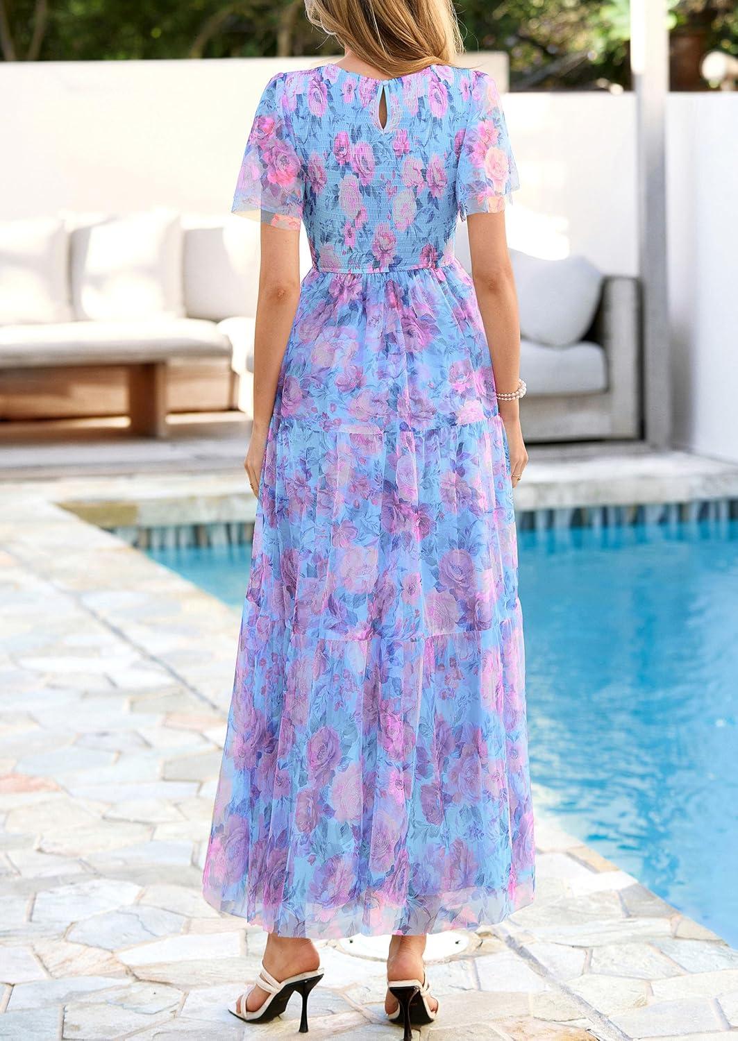 imagePRETTYGARDEN Tulle Floral Dress Women Summer Wedding Guest 2026 Spring Short Sleeve Maxi Smocked Flowy Beach Party DressesBlue Pink Floral