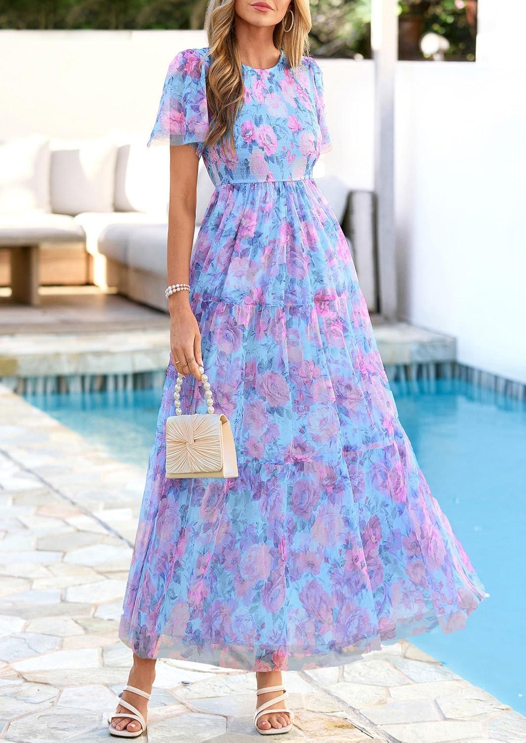imagePRETTYGARDEN Tulle Floral Dress Women Summer Wedding Guest 2026 Spring Short Sleeve Maxi Smocked Flowy Beach Party DressesBlue Pink Floral