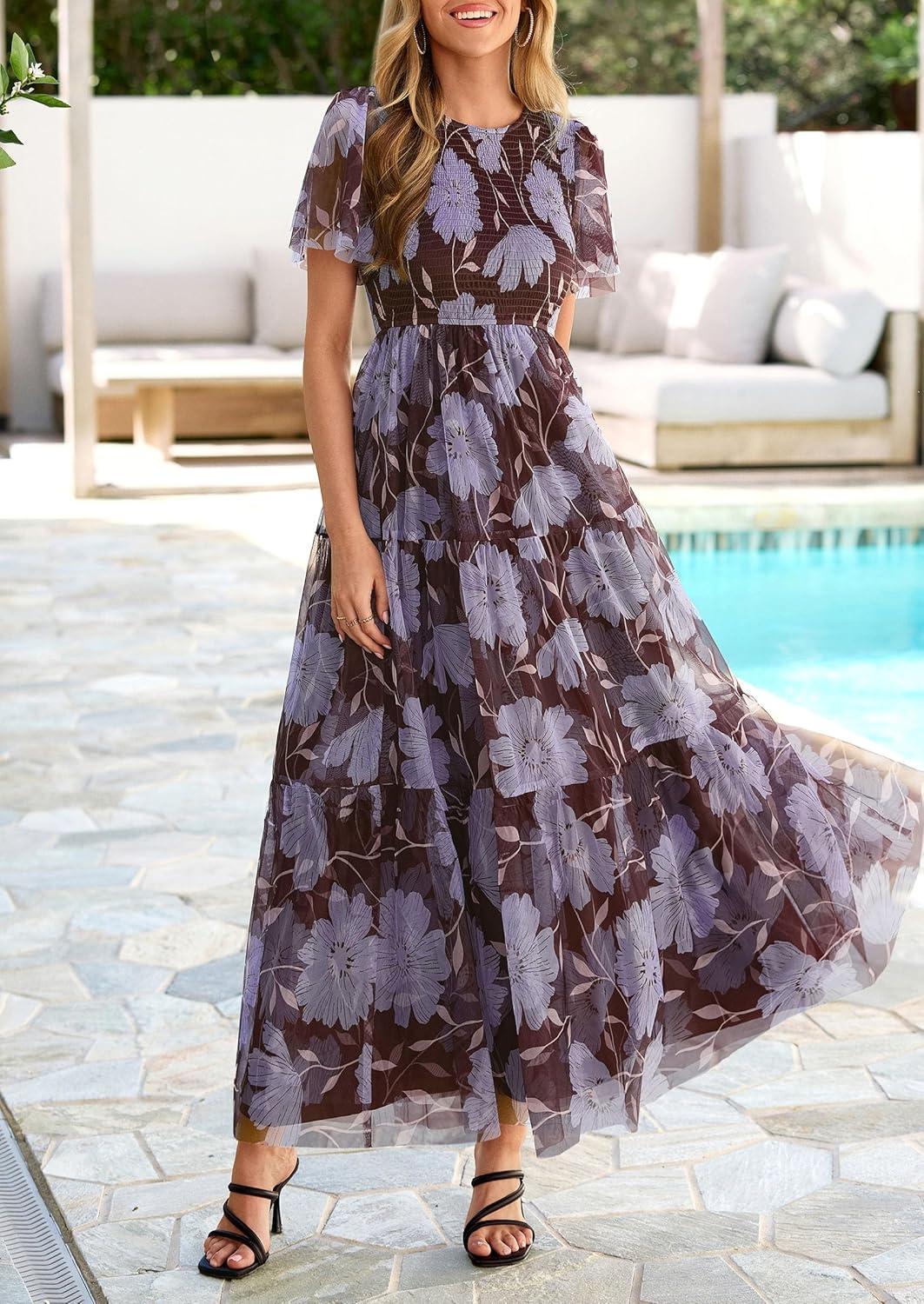 imagePRETTYGARDEN Tulle Floral Dress Women Summer Wedding Guest 2026 Spring Short Sleeve Maxi Smocked Flowy Beach Party DressesBrown Blue Floral