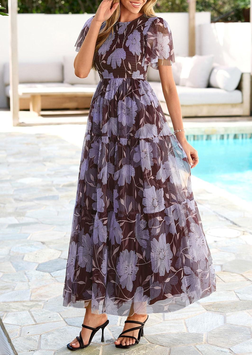 imagePRETTYGARDEN Tulle Floral Dress Women Summer Wedding Guest 2026 Spring Short Sleeve Maxi Smocked Flowy Beach Party DressesBrown Blue Floral