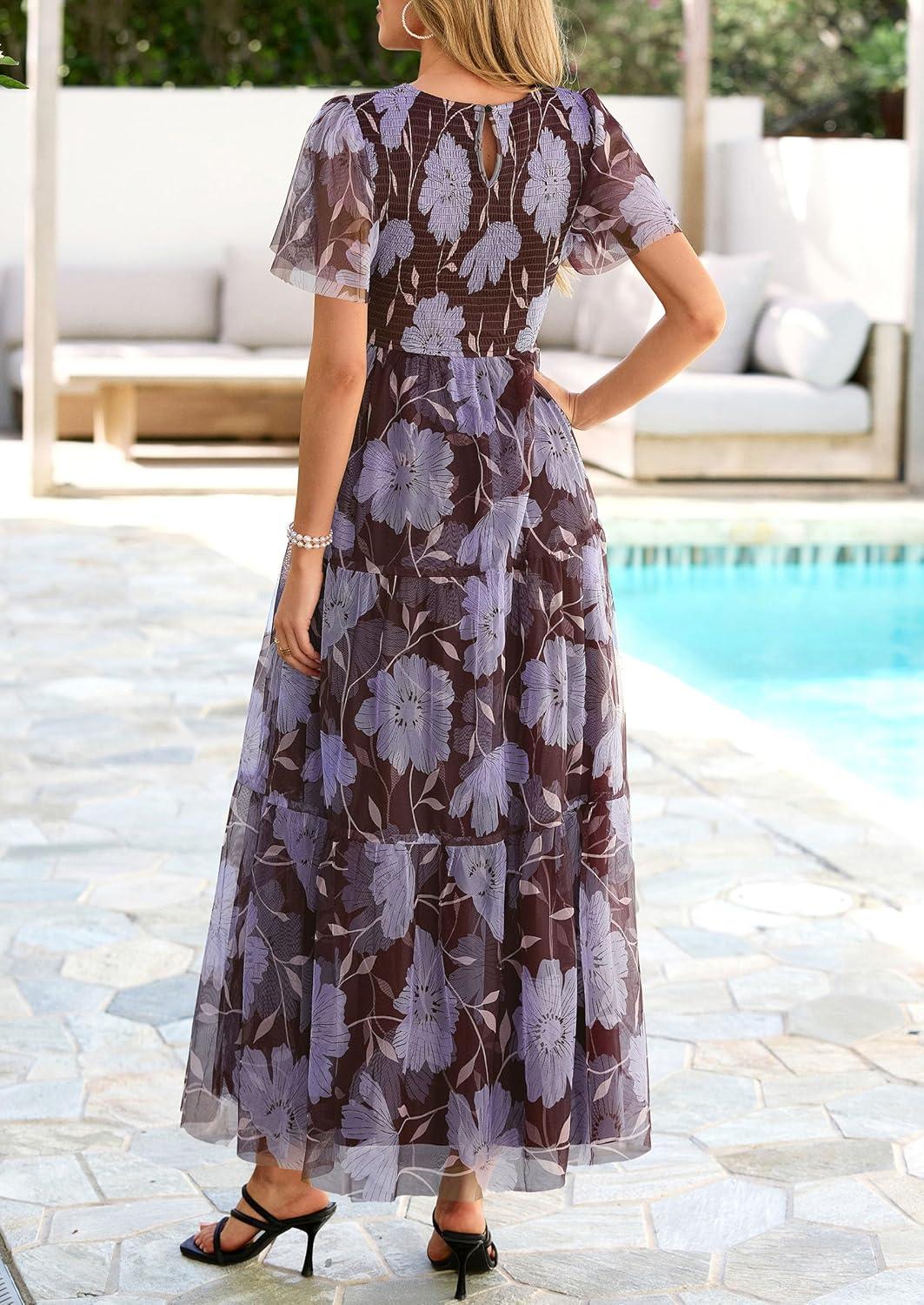 imagePRETTYGARDEN Tulle Floral Dress Women Summer Wedding Guest 2026 Spring Short Sleeve Maxi Smocked Flowy Beach Party DressesBrown Blue Floral