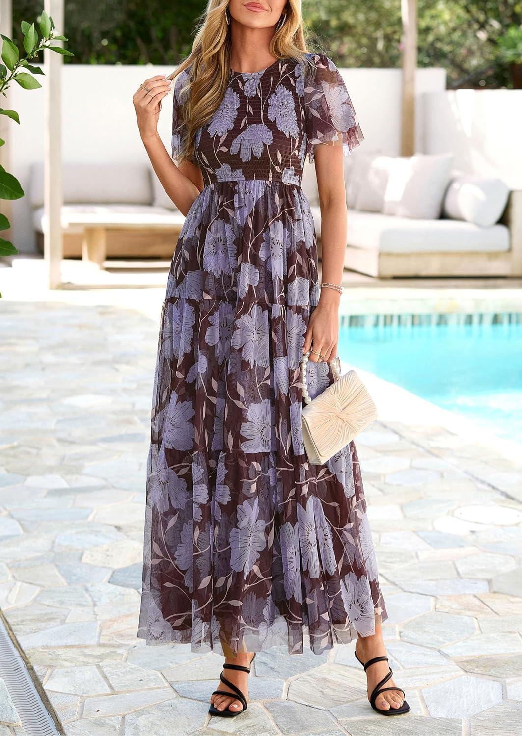 imagePRETTYGARDEN Tulle Floral Dress Women Summer Wedding Guest 2026 Spring Short Sleeve Maxi Smocked Flowy Beach Party DressesBrown Blue Floral
