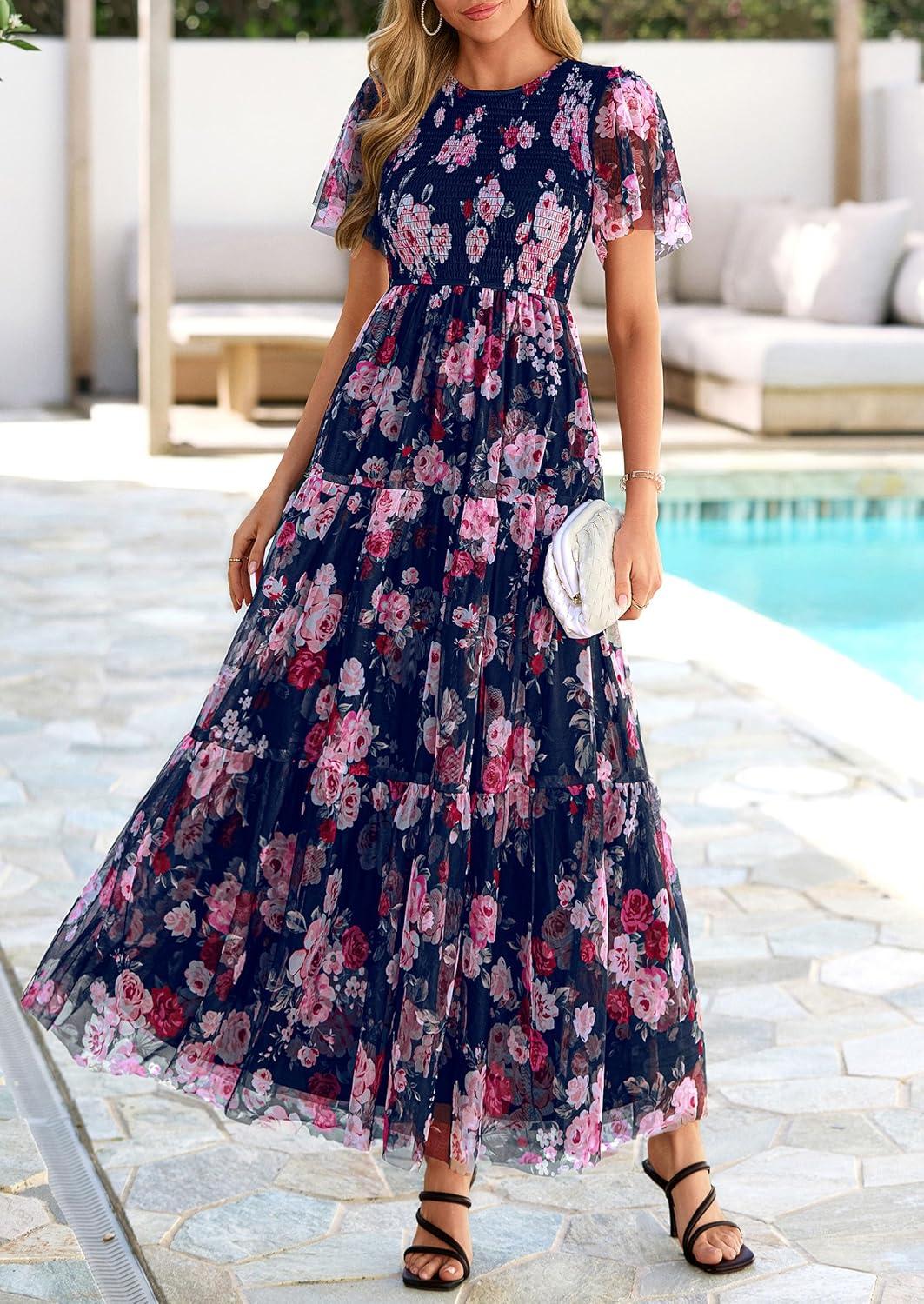 imagePRETTYGARDEN Tulle Floral Dress Women Summer Wedding Guest 2026 Spring Short Sleeve Maxi Smocked Flowy Beach Party DressesNavy Multi Floral
