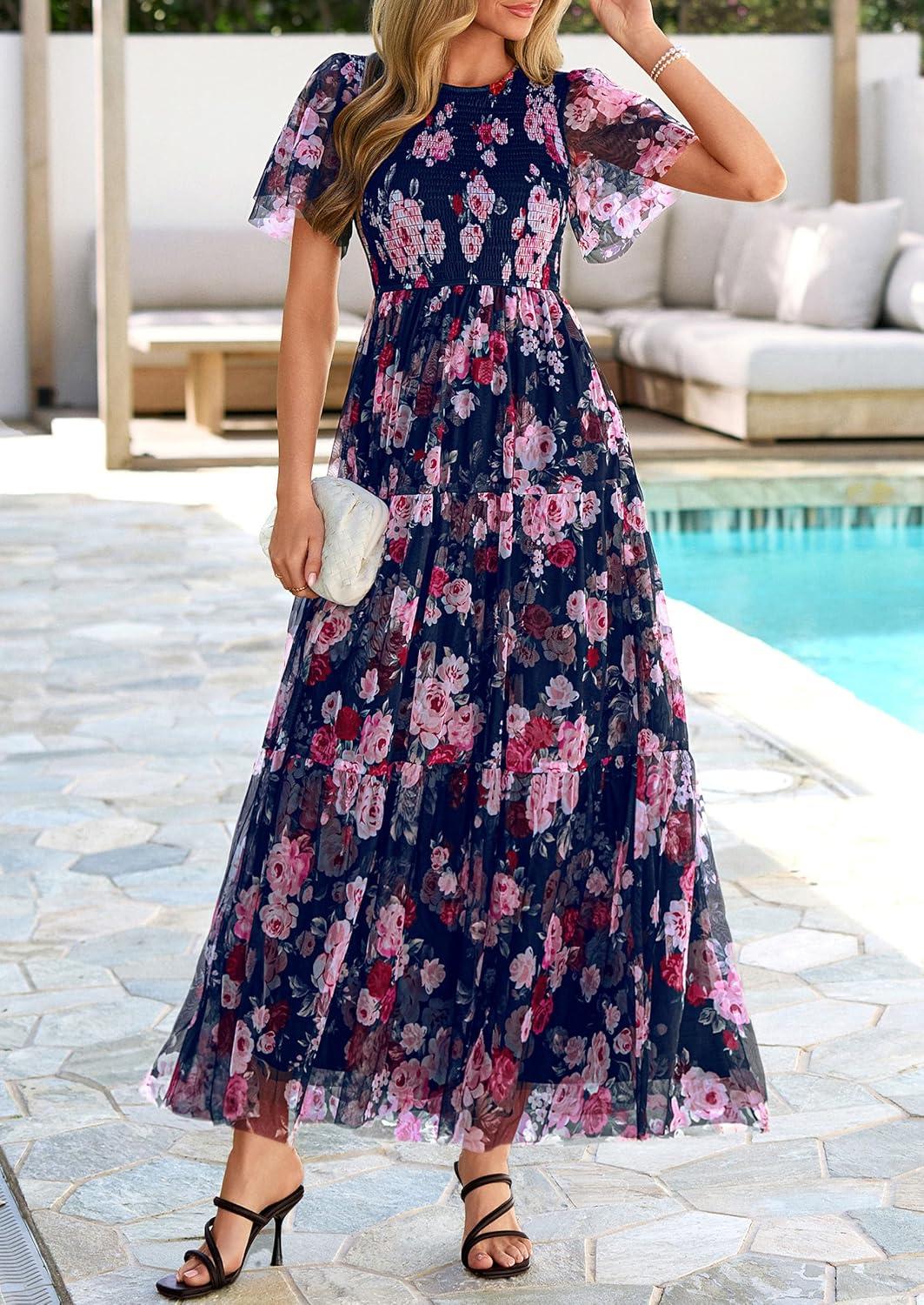 imagePRETTYGARDEN Tulle Floral Dress Women Summer Wedding Guest 2026 Spring Short Sleeve Maxi Smocked Flowy Beach Party DressesNavy Multi Floral