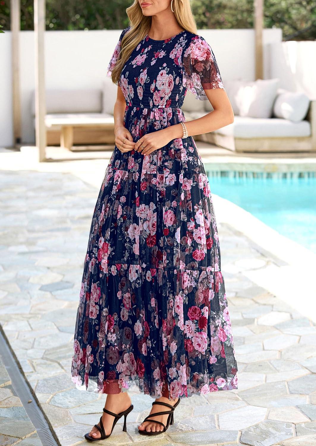imagePRETTYGARDEN Tulle Floral Dress Women Summer Wedding Guest 2026 Spring Short Sleeve Maxi Smocked Flowy Beach Party DressesNavy Multi Floral