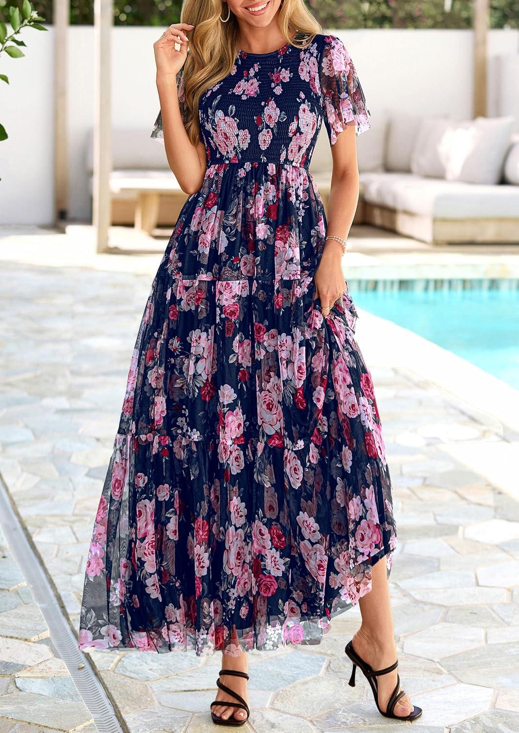 imagePRETTYGARDEN Tulle Floral Dress Women Summer Wedding Guest 2026 Spring Short Sleeve Maxi Smocked Flowy Beach Party DressesNavy Multi Floral