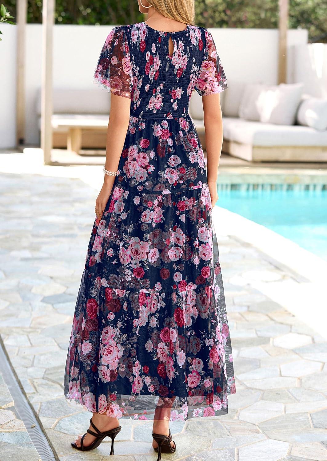imagePRETTYGARDEN Tulle Floral Dress Women Summer Wedding Guest 2026 Spring Short Sleeve Maxi Smocked Flowy Beach Party DressesNavy Multi Floral