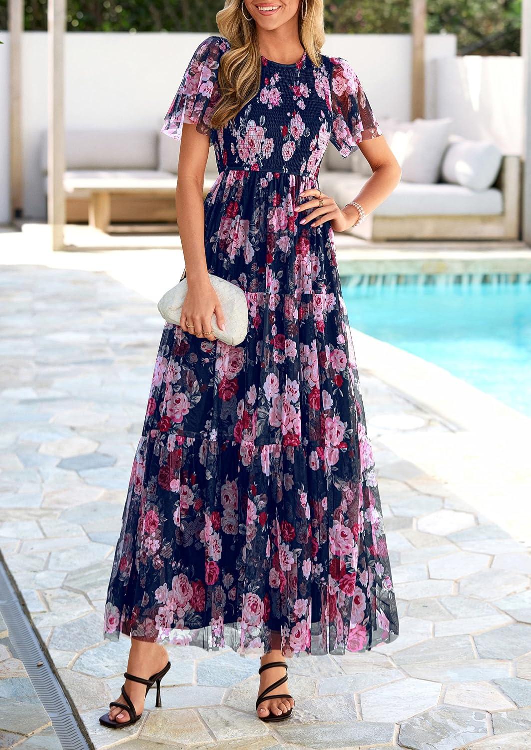 imagePRETTYGARDEN Tulle Floral Dress Women Summer Wedding Guest 2026 Spring Short Sleeve Maxi Smocked Flowy Beach Party DressesNavy Multi Floral