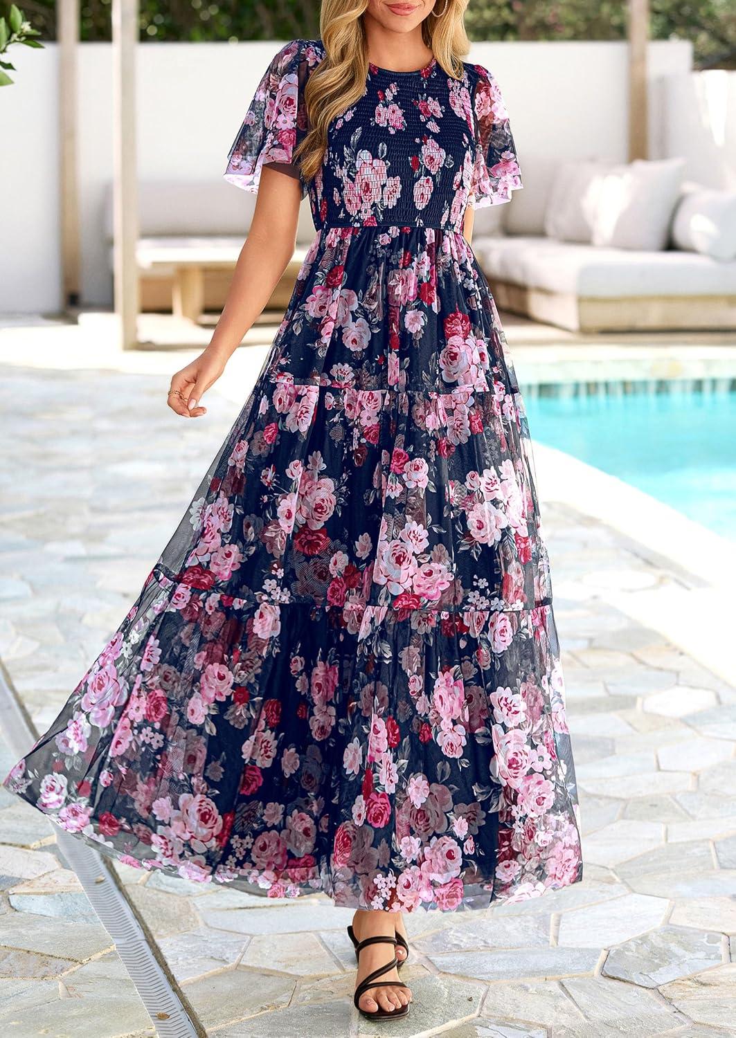 imagePRETTYGARDEN Tulle Floral Dress Women Summer Wedding Guest 2026 Spring Short Sleeve Maxi Smocked Flowy Beach Party DressesNavy Multi Floral