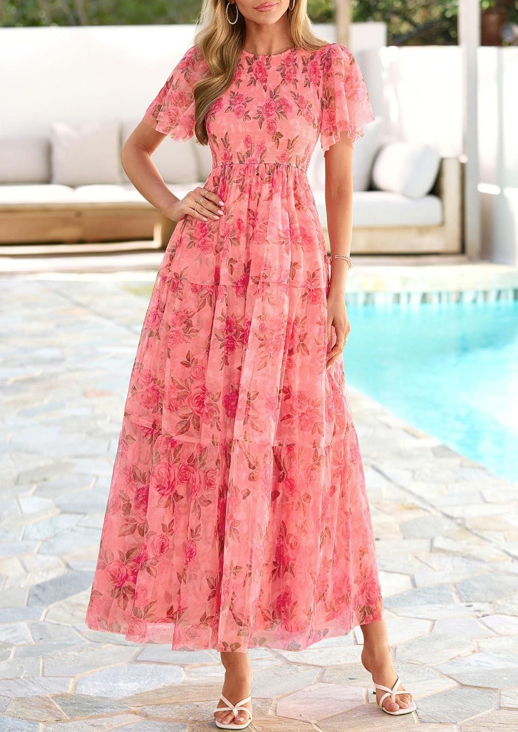 imagePRETTYGARDEN Tulle Floral Dress Women Summer Wedding Guest 2026 Spring Short Sleeve Maxi Smocked Flowy Beach Party DressesOrange Pink Red Floral
