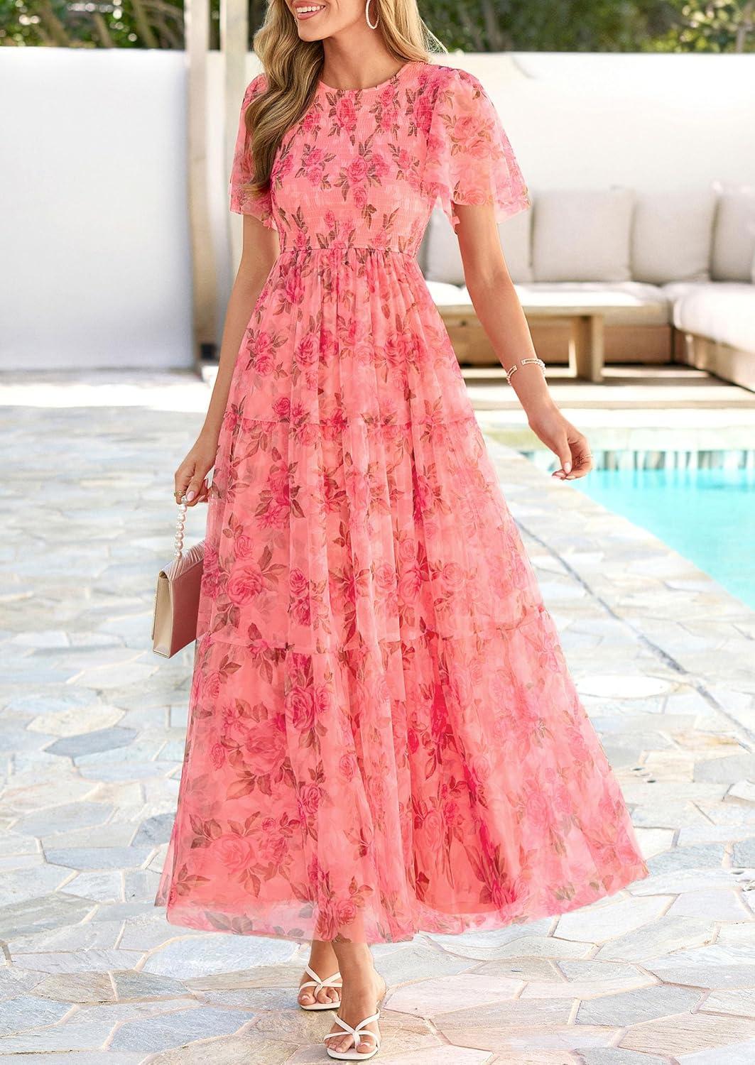 imagePRETTYGARDEN Tulle Floral Dress Women Summer Wedding Guest 2026 Spring Short Sleeve Maxi Smocked Flowy Beach Party DressesOrange Pink Red Floral