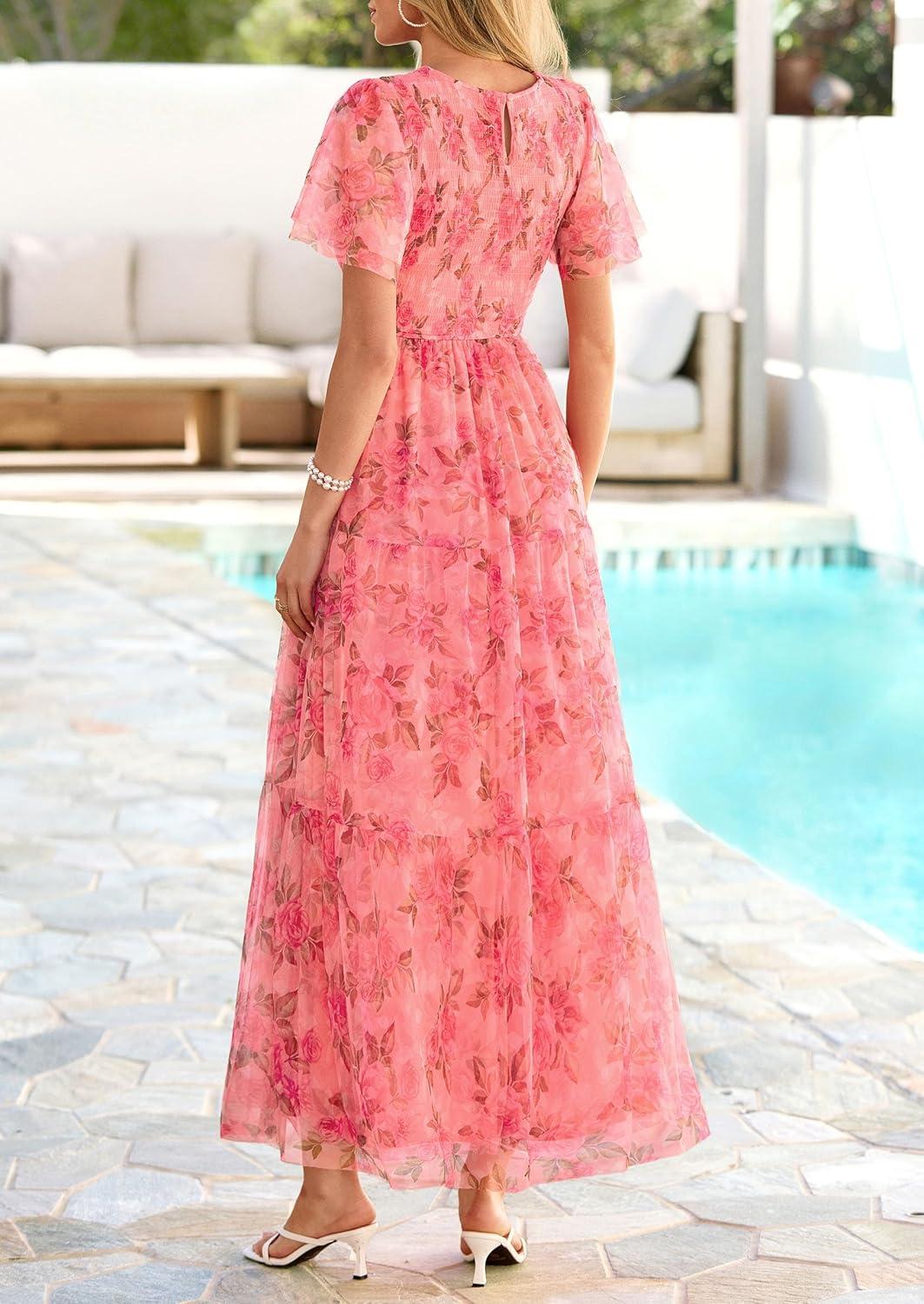 imagePRETTYGARDEN Tulle Floral Dress Women Summer Wedding Guest 2026 Spring Short Sleeve Maxi Smocked Flowy Beach Party DressesOrange Pink Red Floral