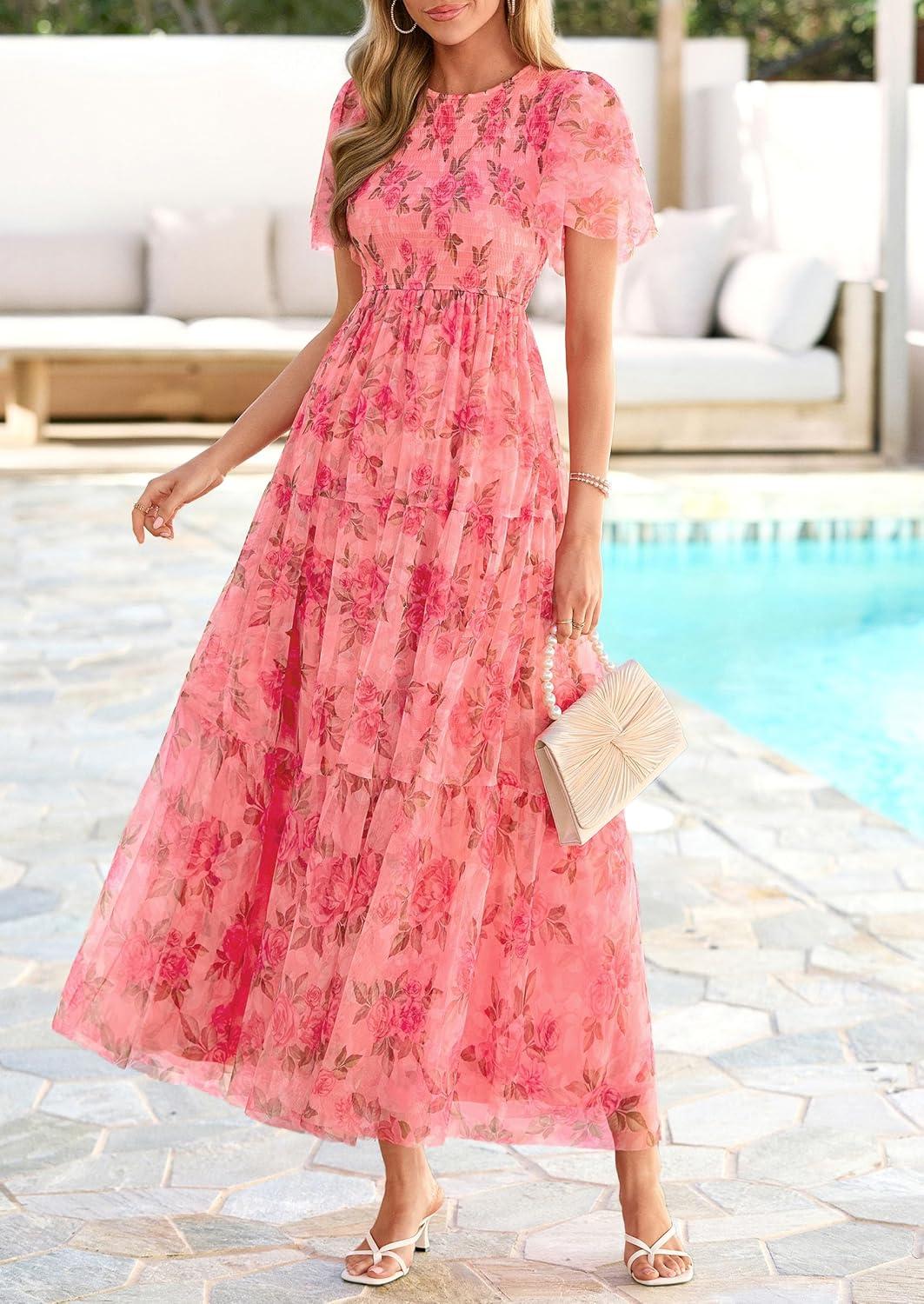 imagePRETTYGARDEN Tulle Floral Dress Women Summer Wedding Guest 2026 Spring Short Sleeve Maxi Smocked Flowy Beach Party DressesOrange Pink Red Floral