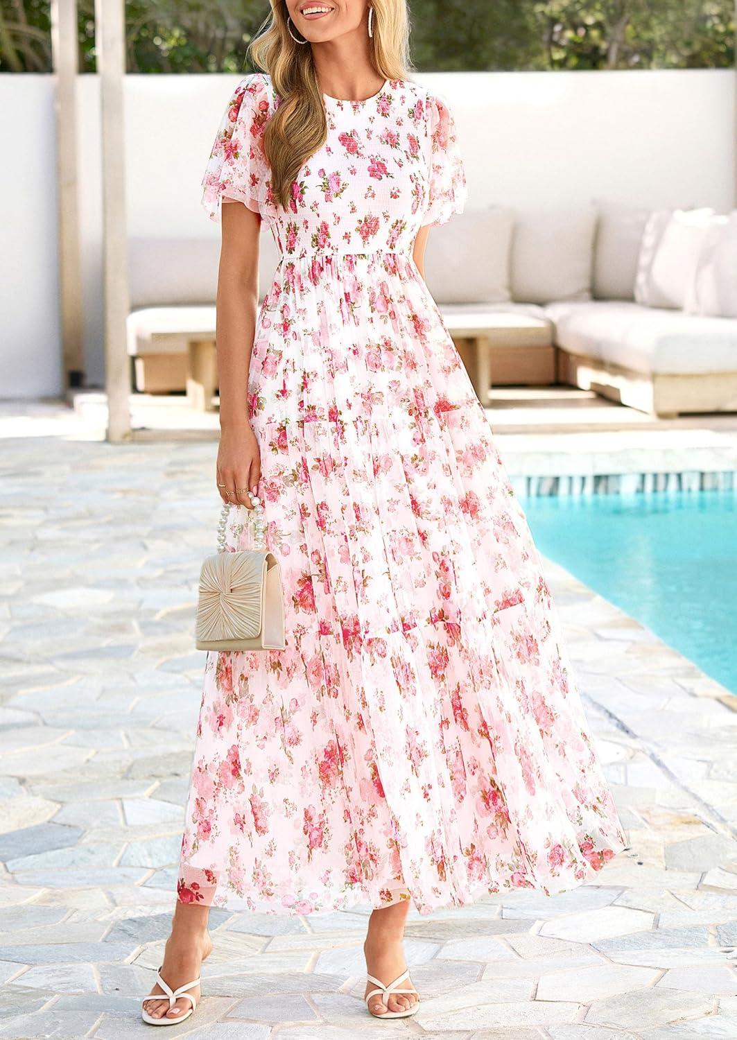 imagePRETTYGARDEN Tulle Floral Dress Women Summer Wedding Guest 2026 Spring Short Sleeve Maxi Smocked Flowy Beach Party DressesWhite Pink Floral