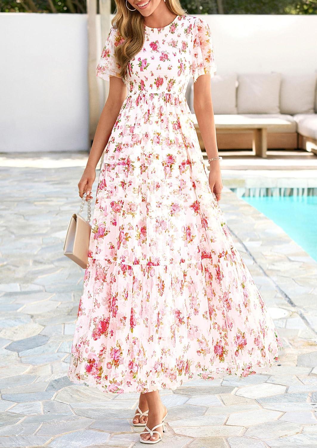 imagePRETTYGARDEN Tulle Floral Dress Women Summer Wedding Guest 2026 Spring Short Sleeve Maxi Smocked Flowy Beach Party DressesWhite Pink Floral