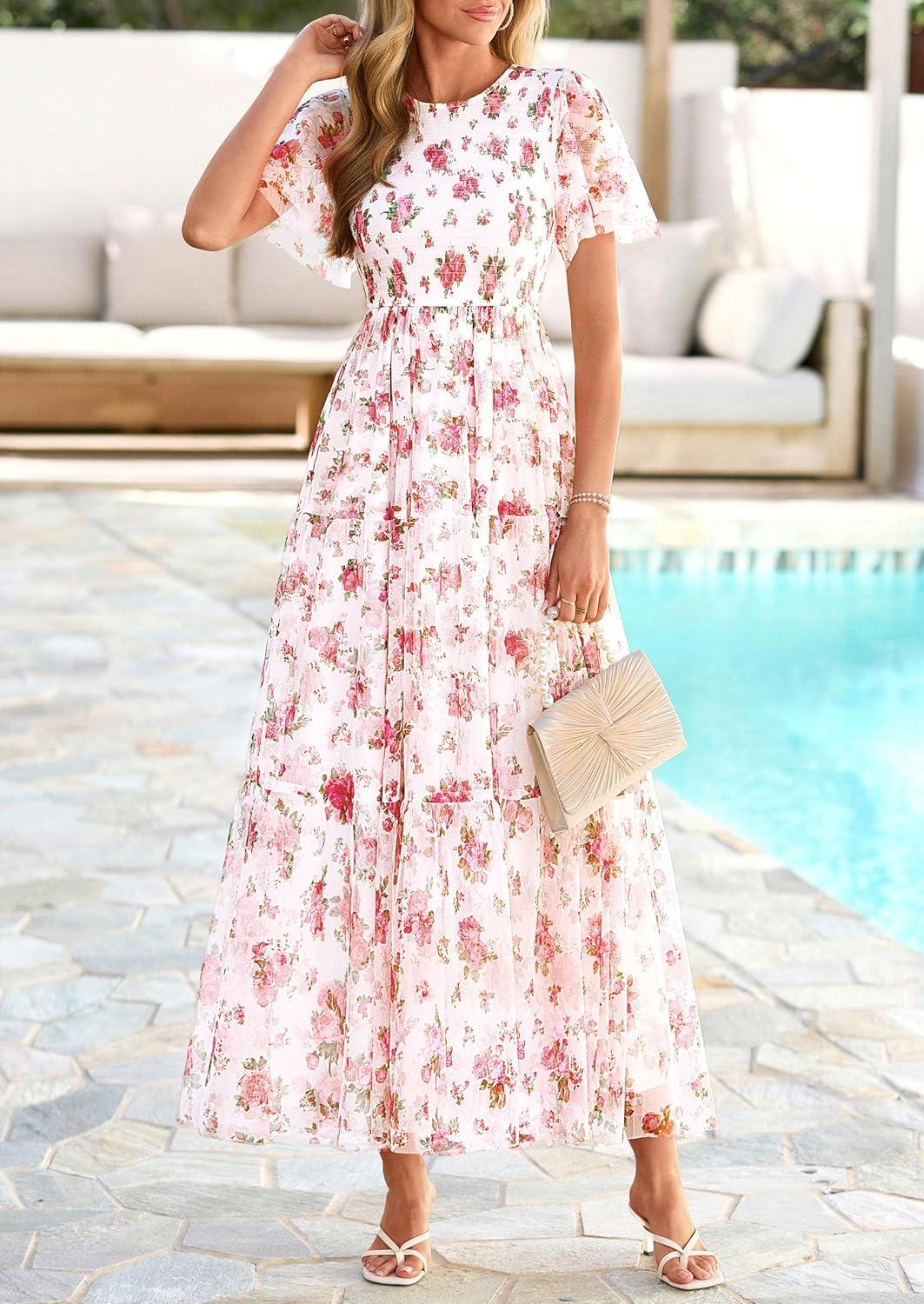 imagePRETTYGARDEN Tulle Floral Dress Women Summer Wedding Guest 2026 Spring Short Sleeve Maxi Smocked Flowy Beach Party DressesWhite Pink Floral