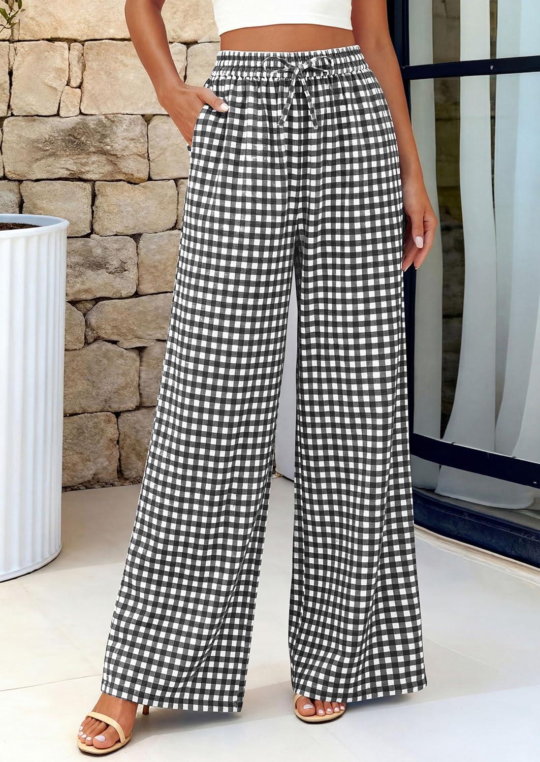 imagePRETTYGARDEN Womens Wide Leg Gingham Lounge Pants Summer 2026 Casual Plaid Trousers Spring Y2K Clothes Comfy Pajama BottomsBlack Plaid