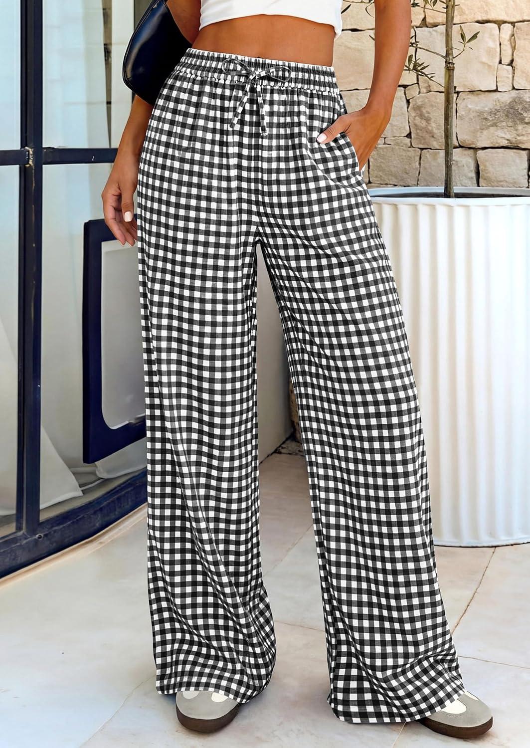 imagePRETTYGARDEN Womens Wide Leg Gingham Lounge Pants Summer 2026 Casual Plaid Trousers Spring Y2K Clothes Comfy Pajama BottomsBlack Plaid