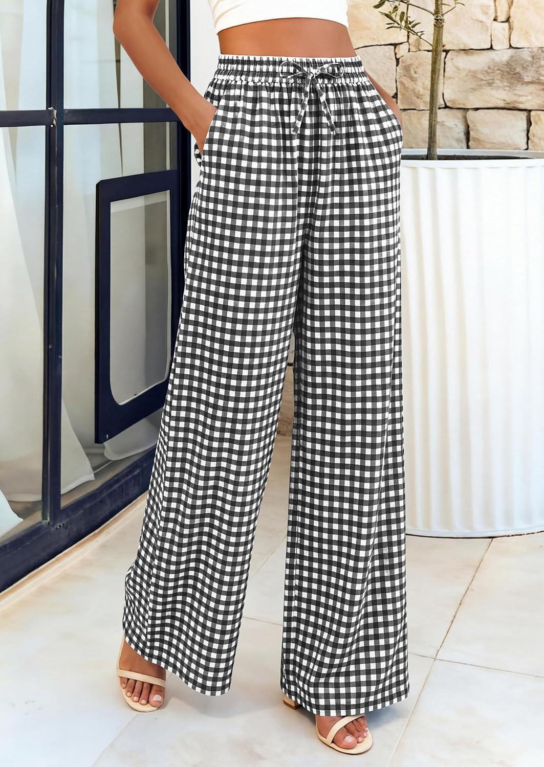 imagePRETTYGARDEN Womens Wide Leg Gingham Lounge Pants Summer 2026 Casual Plaid Trousers Spring Y2K Clothes Comfy Pajama BottomsBlack Plaid
