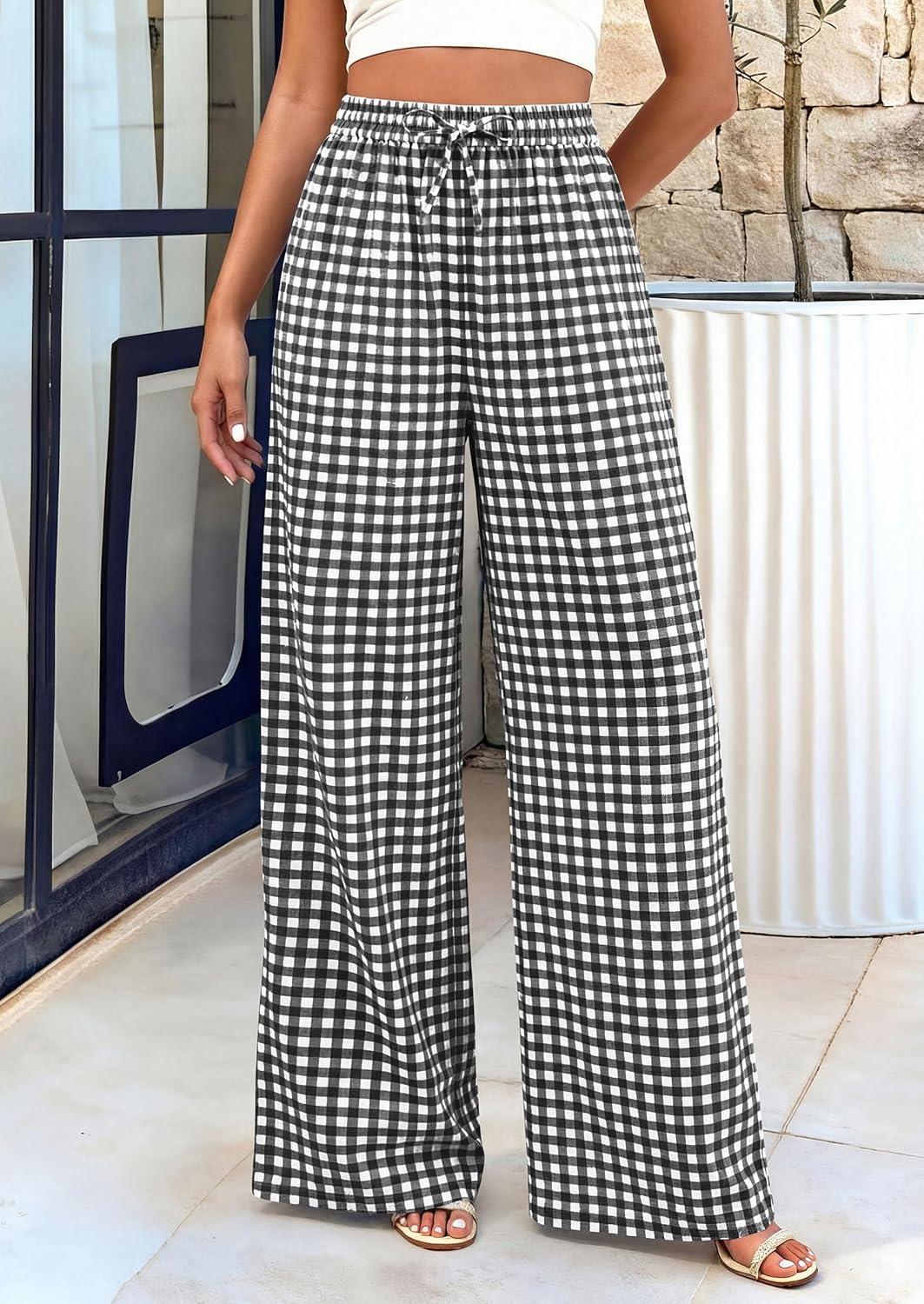 imagePRETTYGARDEN Womens Wide Leg Gingham Lounge Pants Summer 2026 Casual Plaid Trousers Spring Y2K Clothes Comfy Pajama BottomsBlack Plaid