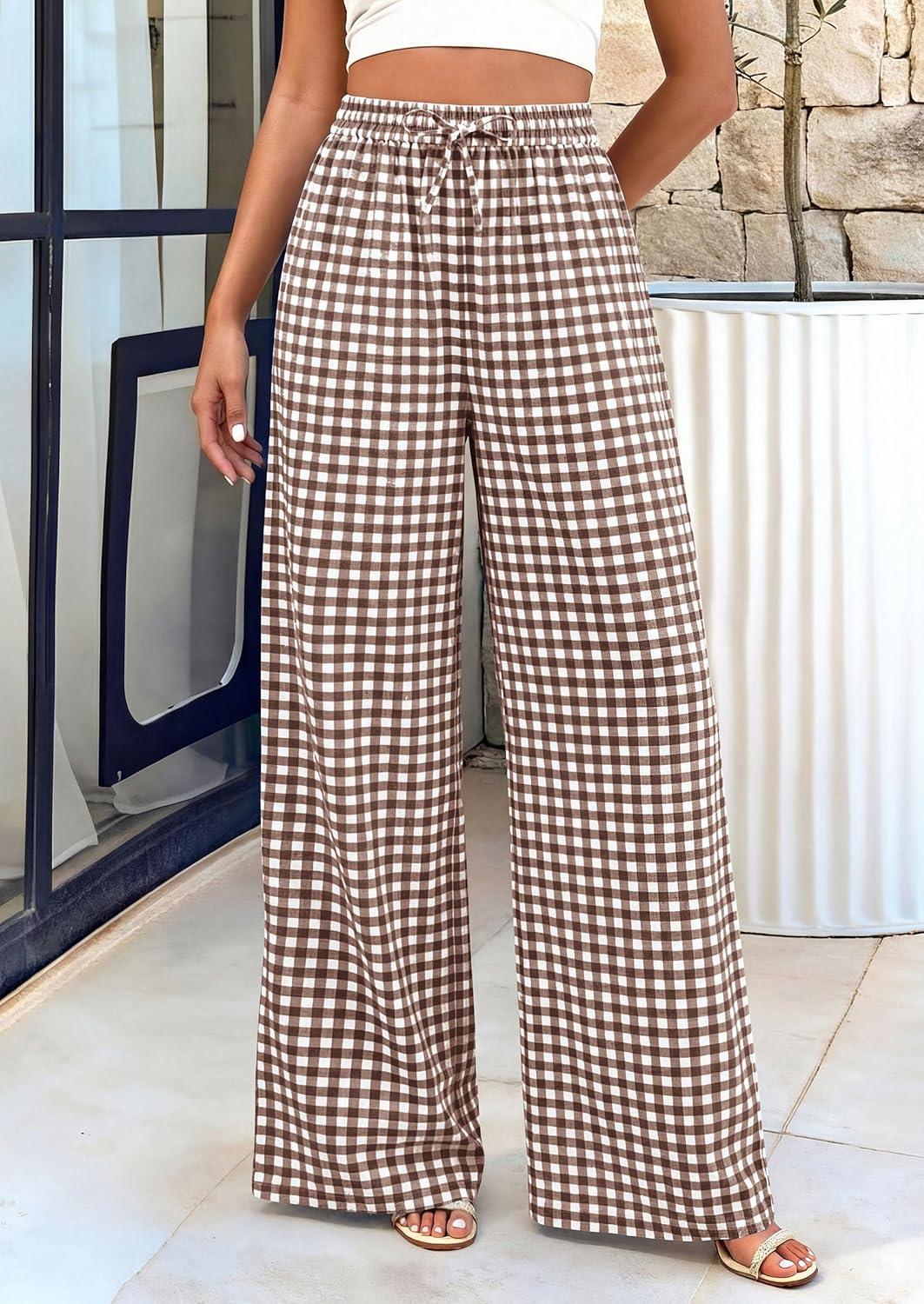 imagePRETTYGARDEN Womens Wide Leg Gingham Lounge Pants Summer 2026 Casual Plaid Trousers Spring Y2K Clothes Comfy Pajama BottomsBrown Plaid