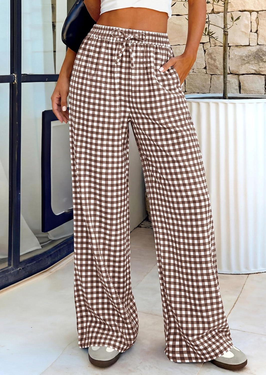 imagePRETTYGARDEN Womens Wide Leg Gingham Lounge Pants Summer 2026 Casual Plaid Trousers Spring Y2K Clothes Comfy Pajama BottomsBrown Plaid