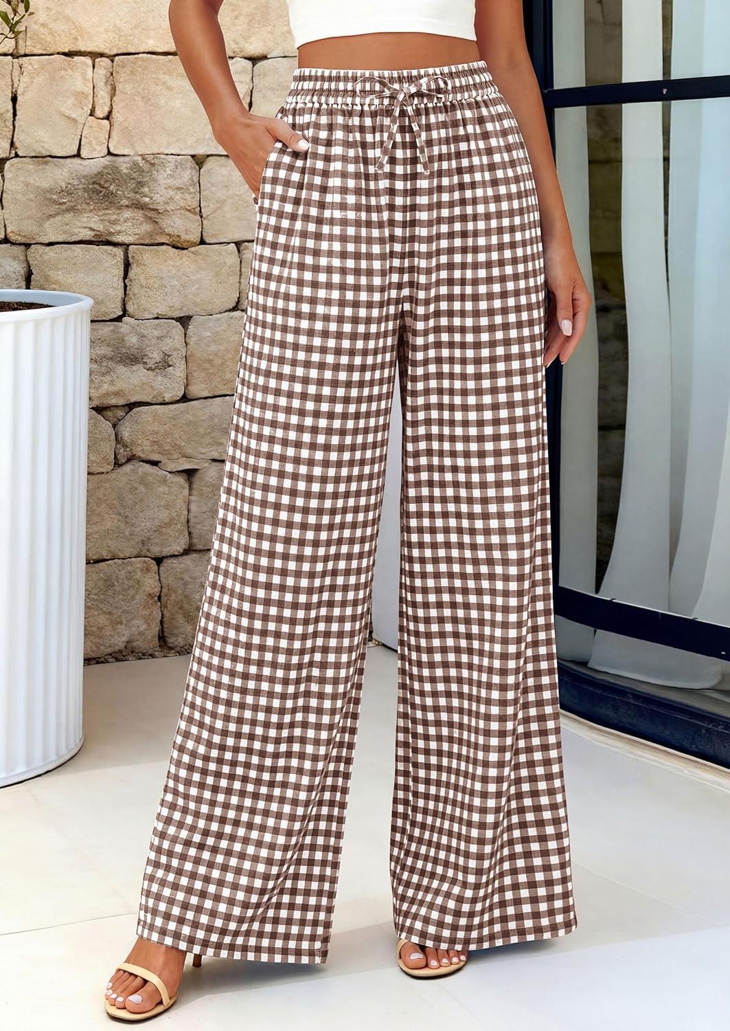 imagePRETTYGARDEN Womens Wide Leg Gingham Lounge Pants Summer 2026 Casual Plaid Trousers Spring Y2K Clothes Comfy Pajama BottomsBrown Plaid