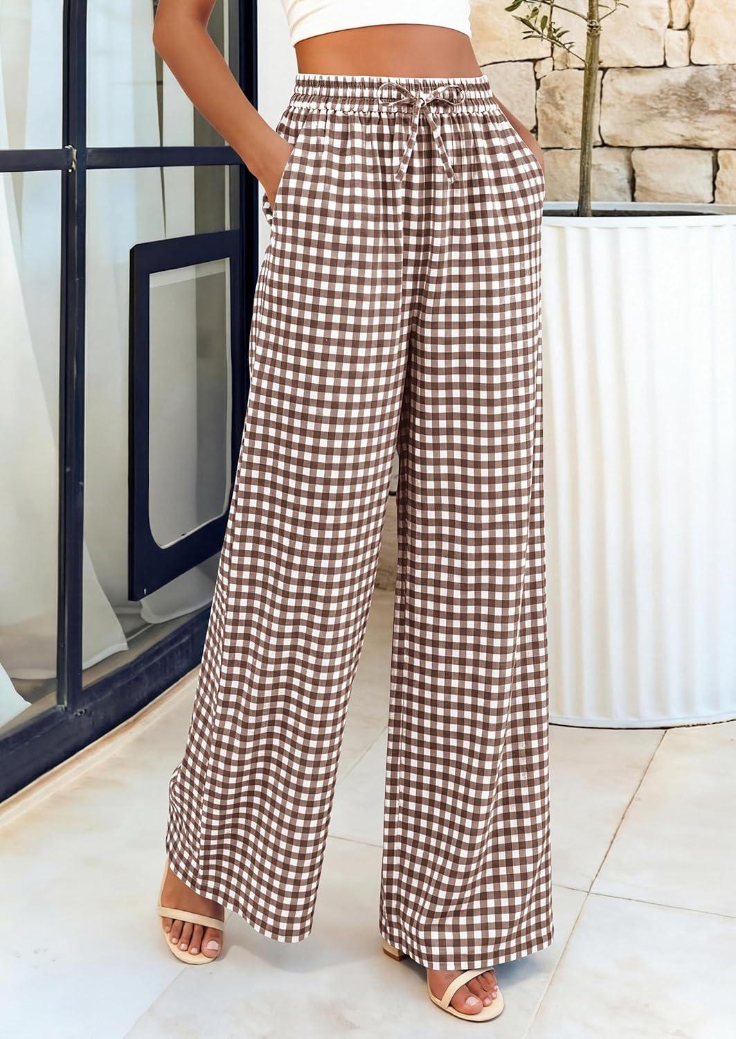 imagePRETTYGARDEN Womens Wide Leg Gingham Lounge Pants Summer 2026 Casual Plaid Trousers Spring Y2K Clothes Comfy Pajama BottomsBrown Plaid