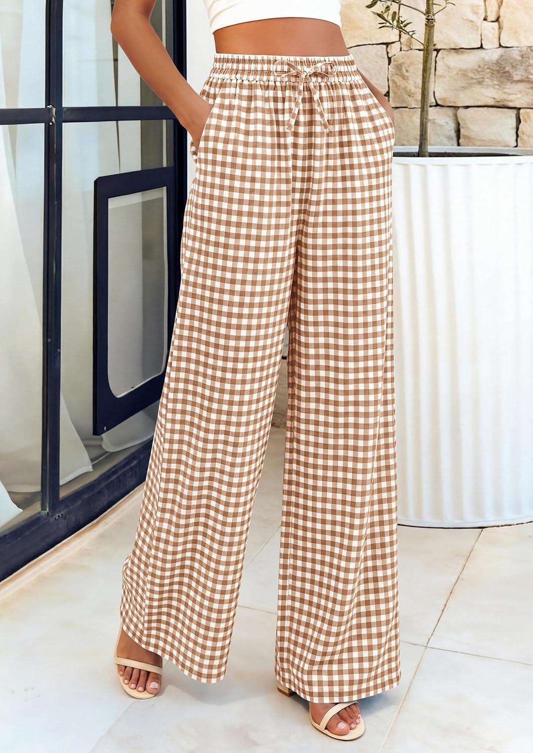 imagePRETTYGARDEN Womens Wide Leg Gingham Lounge Pants Summer 2026 Casual Plaid Trousers Spring Y2K Clothes Comfy Pajama BottomsKhaki Plaid