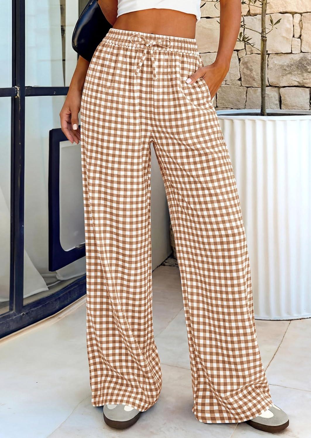 imagePRETTYGARDEN Womens Wide Leg Gingham Lounge Pants Summer 2026 Casual Plaid Trousers Spring Y2K Clothes Comfy Pajama BottomsKhaki Plaid