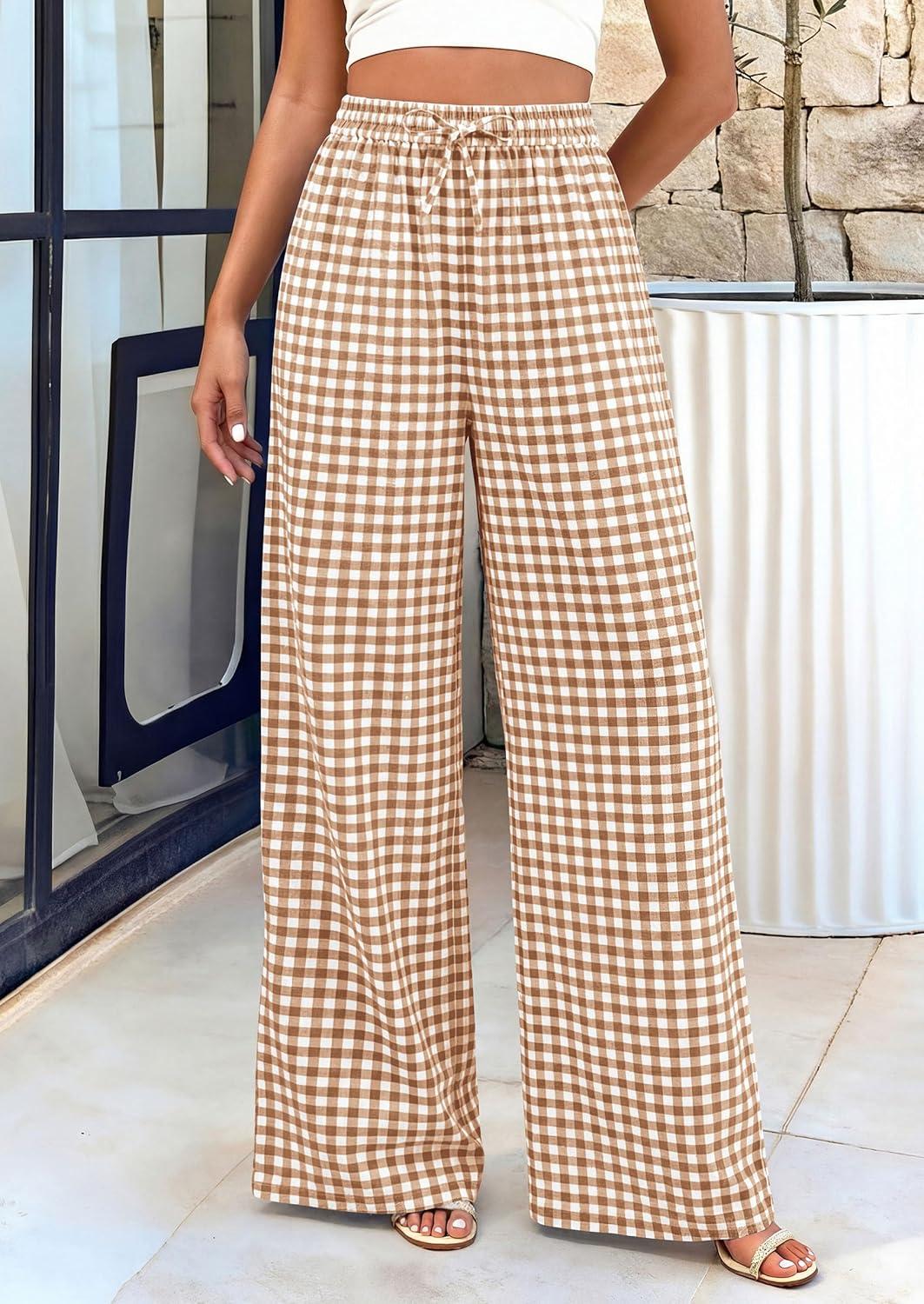 imagePRETTYGARDEN Womens Wide Leg Gingham Lounge Pants Summer 2026 Casual Plaid Trousers Spring Y2K Clothes Comfy Pajama BottomsKhaki Plaid