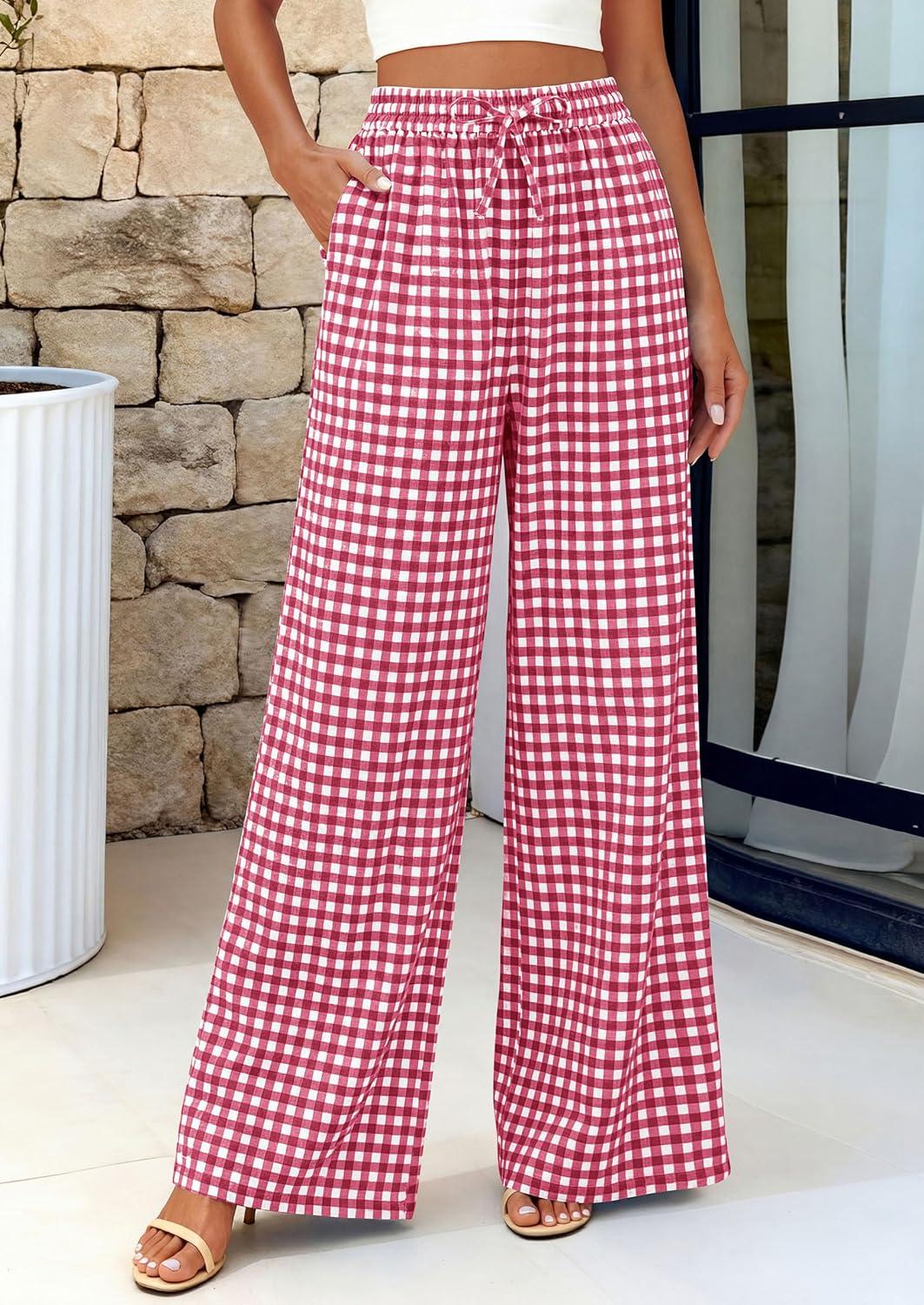 imagePRETTYGARDEN Womens Wide Leg Gingham Lounge Pants Summer 2026 Casual Plaid Trousers Spring Y2K Clothes Comfy Pajama BottomsRed Plaid