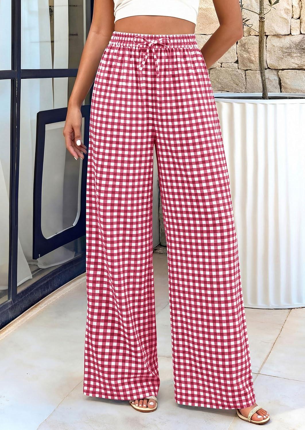 imagePRETTYGARDEN Womens Wide Leg Gingham Lounge Pants Summer 2026 Casual Plaid Trousers Spring Y2K Clothes Comfy Pajama BottomsRed Plaid