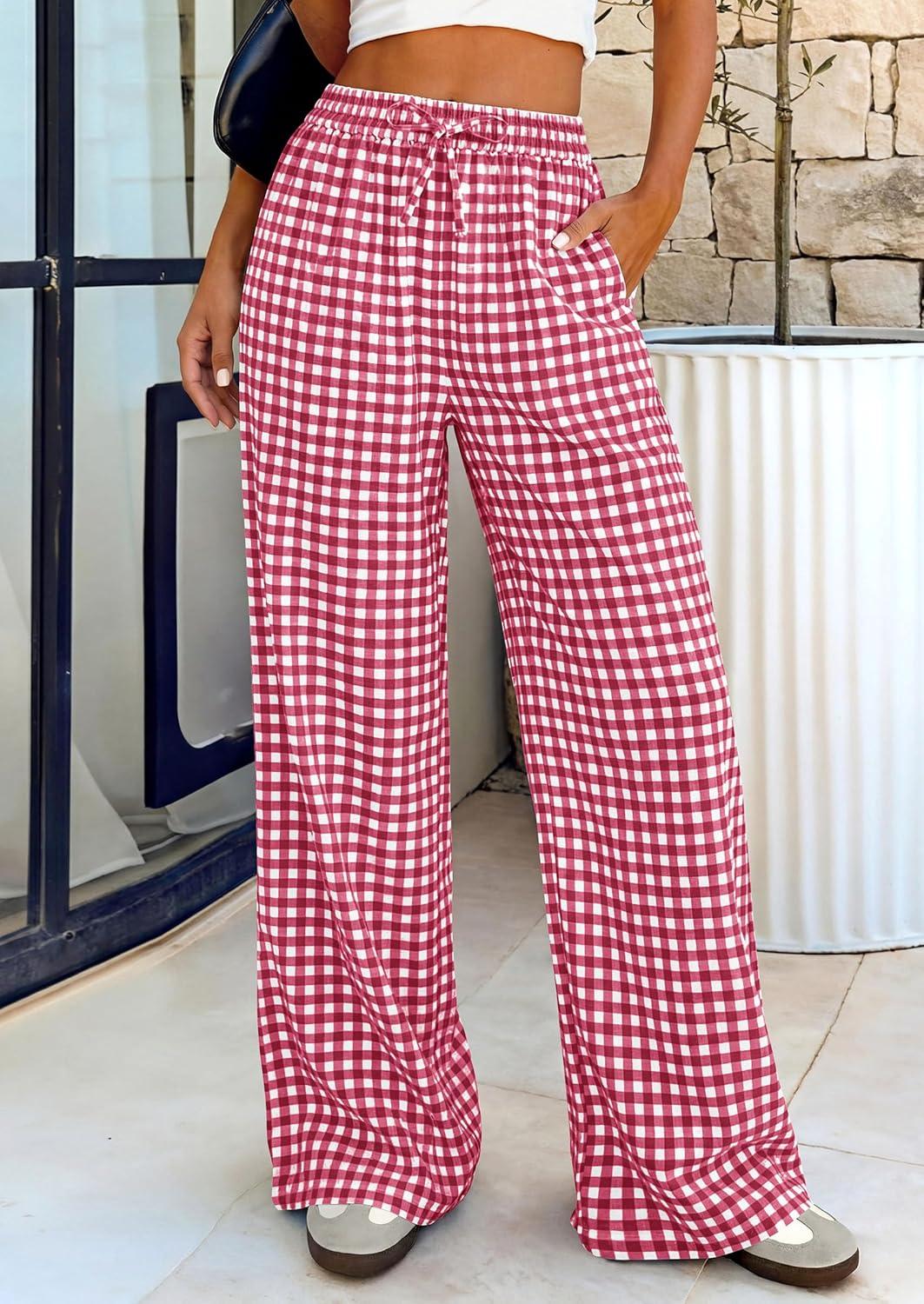 imagePRETTYGARDEN Womens Wide Leg Gingham Lounge Pants Summer 2026 Casual Plaid Trousers Spring Y2K Clothes Comfy Pajama BottomsRed Plaid