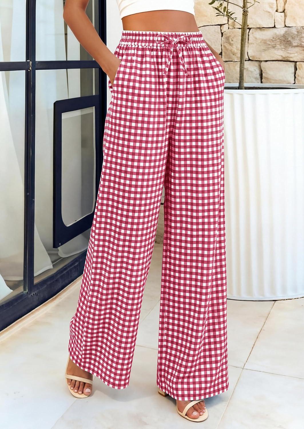 imagePRETTYGARDEN Womens Wide Leg Gingham Lounge Pants Summer 2026 Casual Plaid Trousers Spring Y2K Clothes Comfy Pajama BottomsRed Plaid