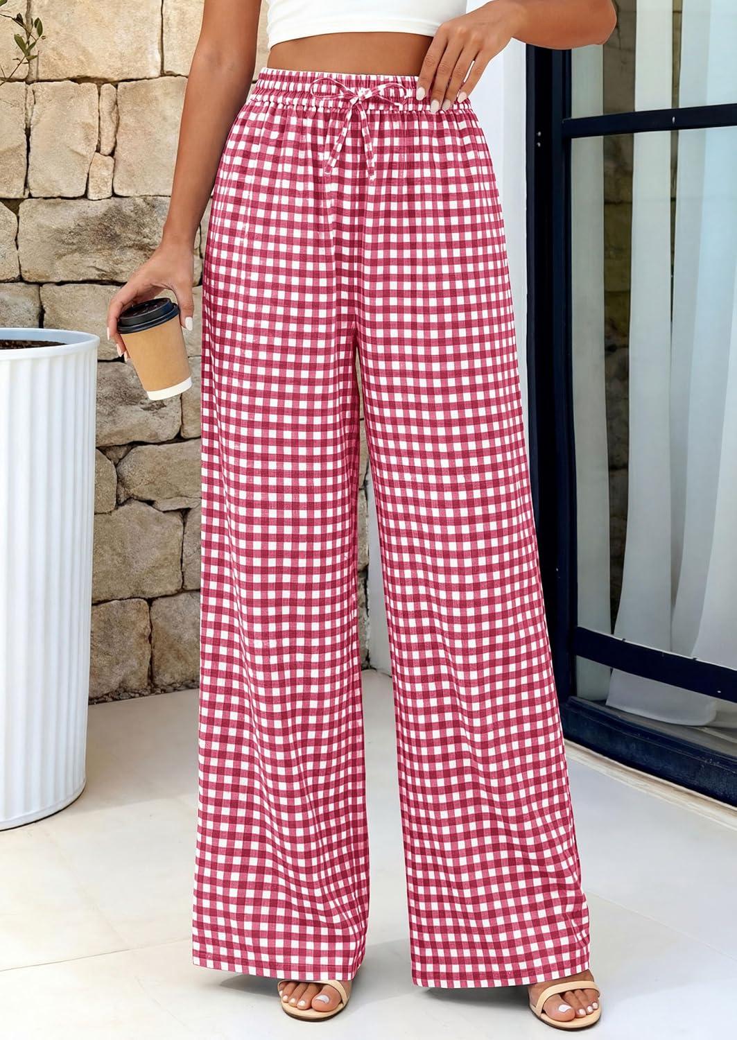 imagePRETTYGARDEN Womens Wide Leg Gingham Lounge Pants Summer 2026 Casual Plaid Trousers Spring Y2K Clothes Comfy Pajama BottomsRed Plaid