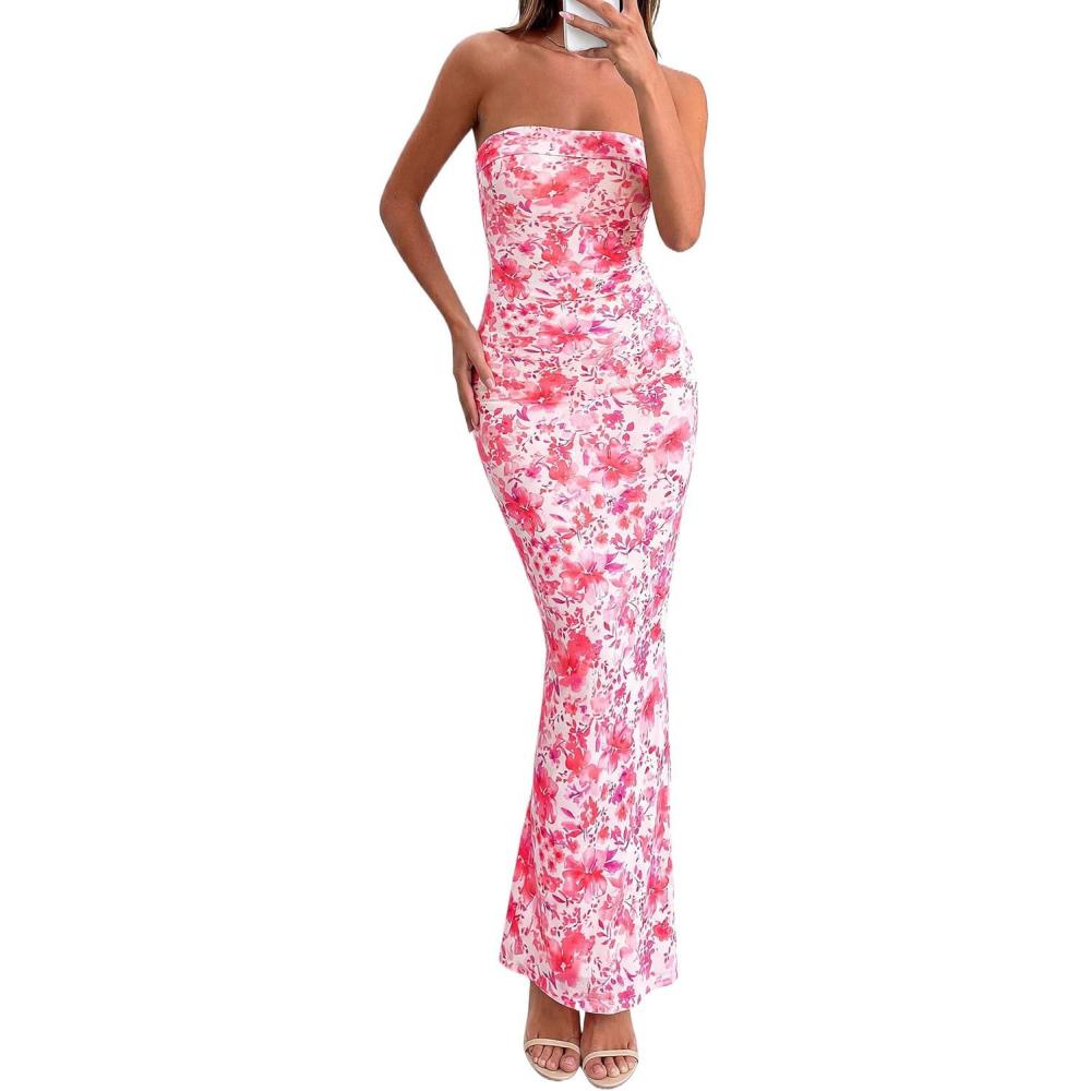 imagePRETTYGARDEN Bodycon Long Dresses for Women 2026 Strapless Tube Summer Floral Maxi Dress Sleeveless Back Slit Beach OutfitsFloral Pink
