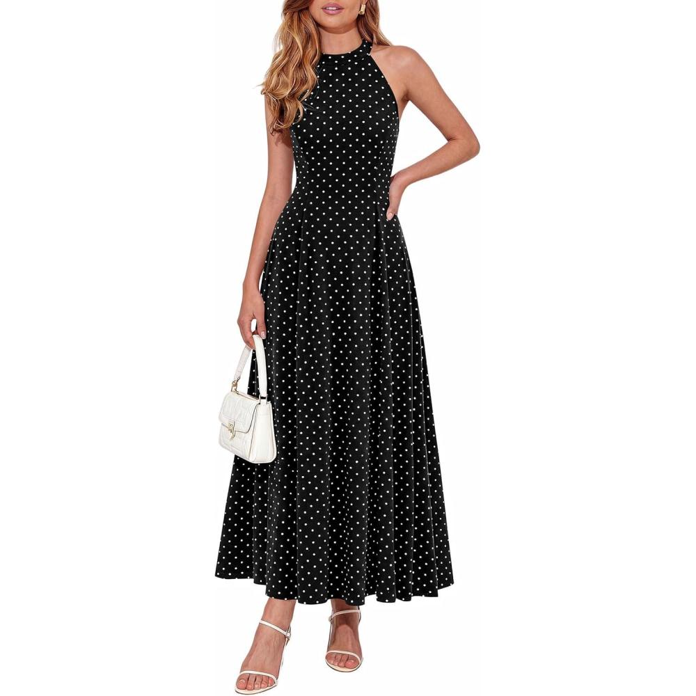 imagePRETTYGARDEN Summer Halter Dresses for Women 2026 Vacation Outfits Sleeveless Polka Dot Sundress Wedding Guest Maxi DressDot Black White