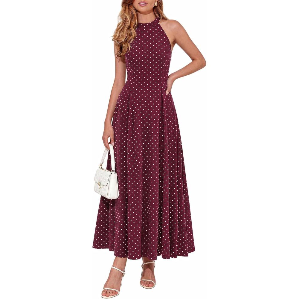 imagePRETTYGARDEN Summer Halter Dresses for Women 2026 Vacation Outfits Sleeveless Polka Dot Sundress Wedding Guest Maxi DressDot Red White