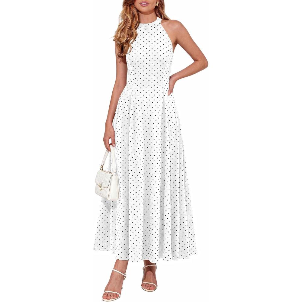 imagePRETTYGARDEN Summer Halter Dresses for Women 2026 Vacation Outfits Sleeveless Polka Dot Sundress Wedding Guest Maxi DressDot White Black