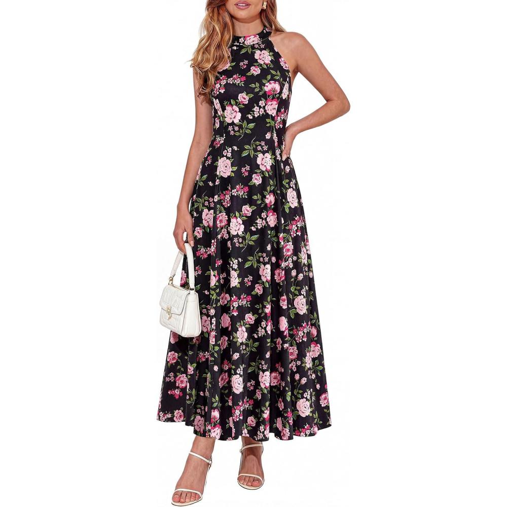 imagePRETTYGARDEN Summer Halter Dresses for Women 2026 Vacation Outfits Sleeveless Polka Dot Sundress Wedding Guest Maxi DressFloral Black Pink