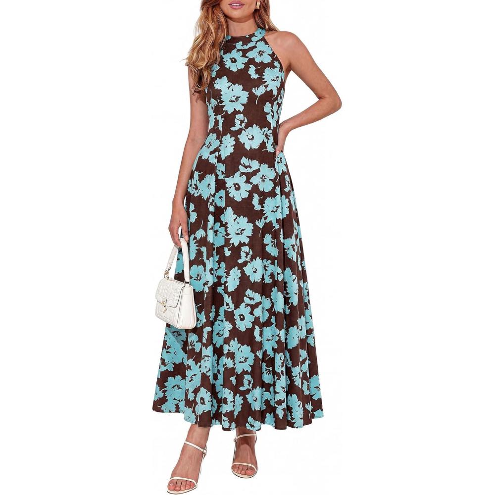 imagePRETTYGARDEN Summer Halter Dresses for Women 2026 Vacation Outfits Sleeveless Polka Dot Sundress Wedding Guest Maxi DressFloral Brown Blue