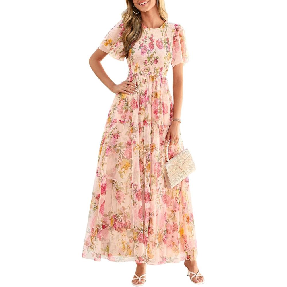 imagePRETTYGARDEN Tulle Floral Dress Women Summer Wedding Guest 2026 Spring Short Sleeve Maxi Smocked Flowy Beach Party DressesApricot Multi Floral